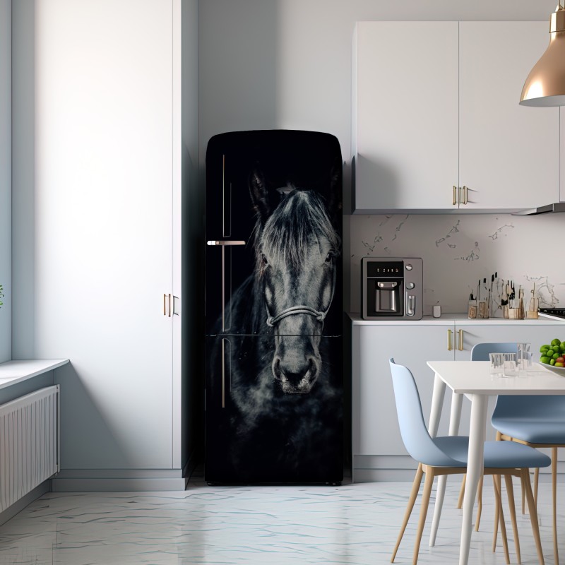 Naklejka na lodówkę majestatyczny czarny portret konia – Wallissimo® Naklejka na lodówkę majestatyczny czarny portret konia – Wallissimo®