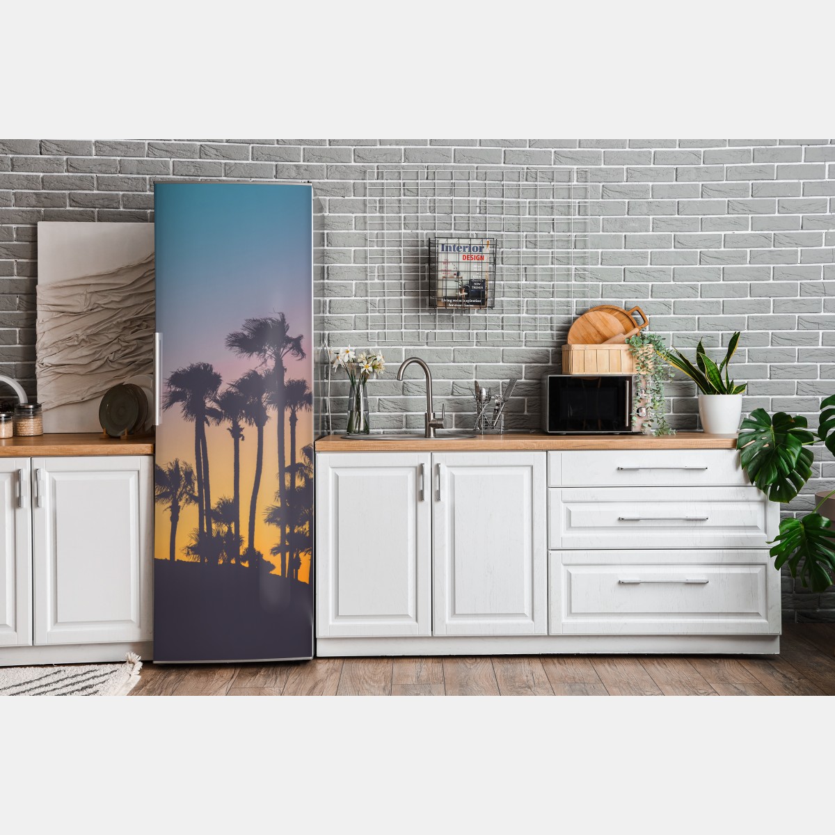 Naklejka na lodówkę retro tropikalne palmy o zachodzie słońca – Wallissimo® Naklejka na lodówkę retro tropikalne palmy o zachodzie słońca – Wallissimo®