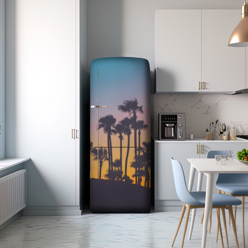 Naklejka na lodówkę retro tropikalne palmy o zachodzie słońca – Wallissimo® Naklejka na lodówkę retro tropikalne palmy o zachodzie słońca – Wallissimo®