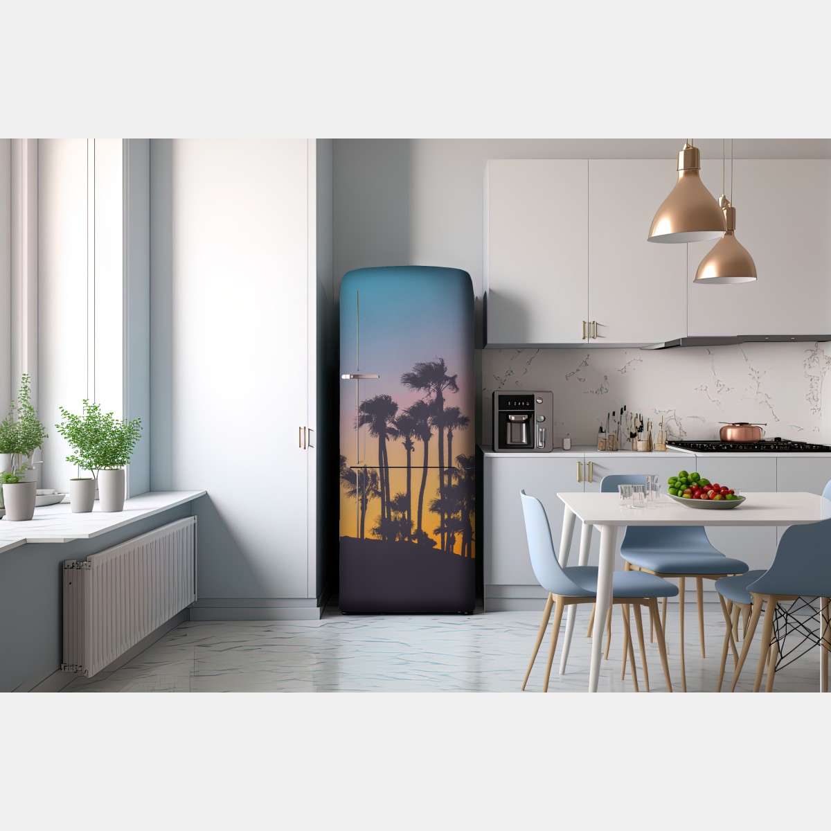 Naklejka na lodówkę retro tropikalne palmy o zachodzie słońca – Wallissimo® Naklejka na lodówkę retro tropikalne palmy o zachodzie słońca – Wallissimo®