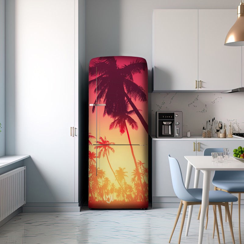Naklejka na lodówkę tropikalny zachód słońca z palmami – Wallissimo® Naklejka na lodówkę tropikalny zachód słońca z palmami – Wallissimo®