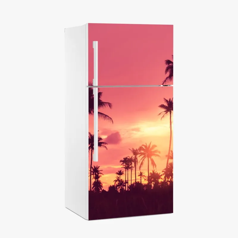 Naklejka na lodówkę różowy tropikalny zachód słońca z palmami