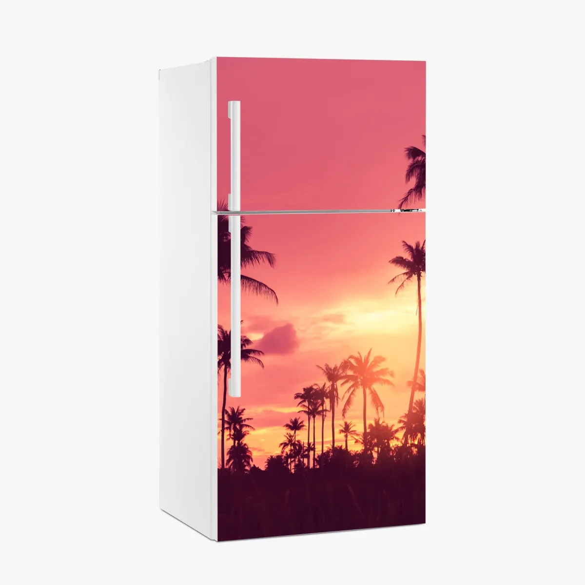 Naklejka na lodówkę różowy tropikalny zachód słońca z palmami – Wallissimo® Naklejka na lodówkę różowy tropikalny zachód słońca z palmami – Wallissimo®