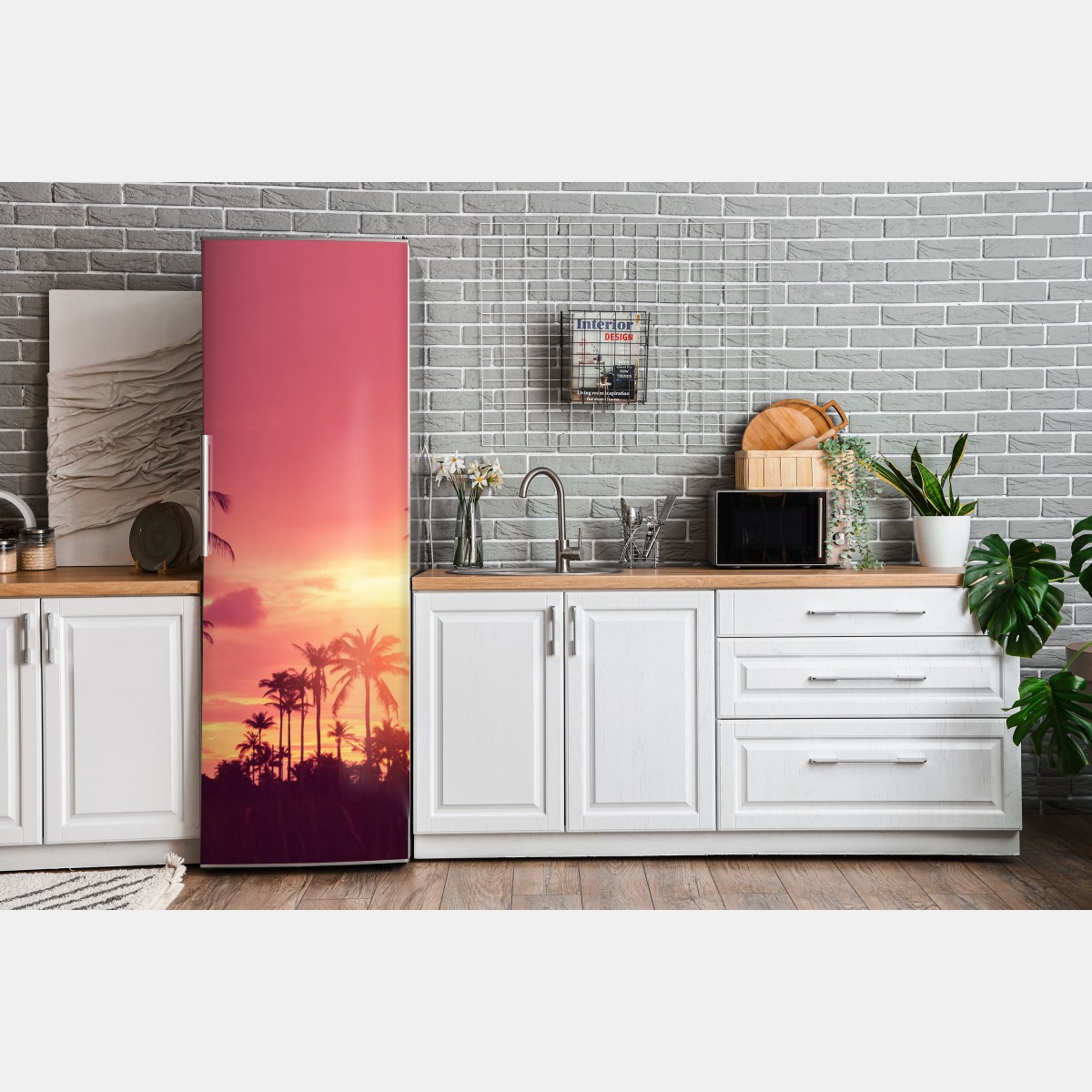 Naklejka na lodówkę różowy tropikalny zachód słońca z palmami – Wallissimo® Naklejka na lodówkę różowy tropikalny zachód słońca z palmami – Wallissimo®