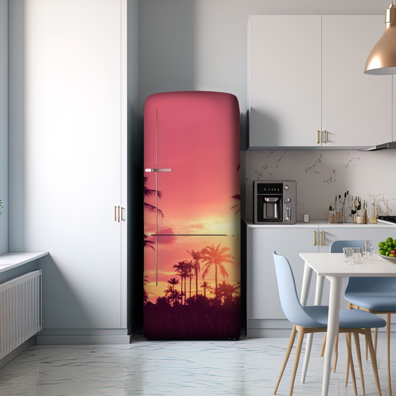 Naklejka na lodówkę różowy tropikalny zachód słońca z palmami – Wallissimo® Naklejka na lodówkę różowy tropikalny zachód słońca z palmami – Wallissimo®