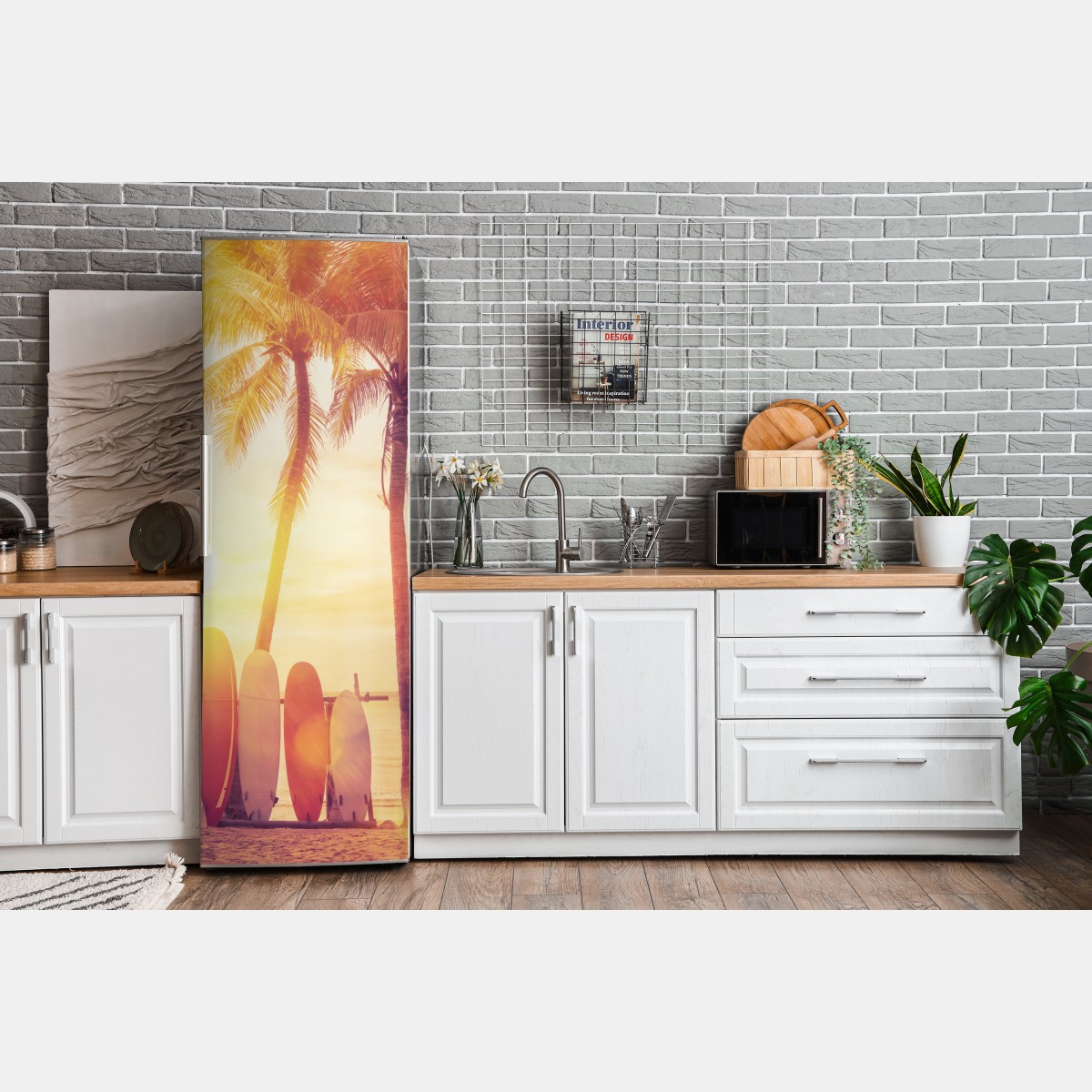 Naklejka na lodówkę tropikalny zachód słońca z deskami surfingowymi – Wallissimo® Naklejka na lodówkę tropikalny zachód słońca z deskami surfingowymi – Wallissimo®