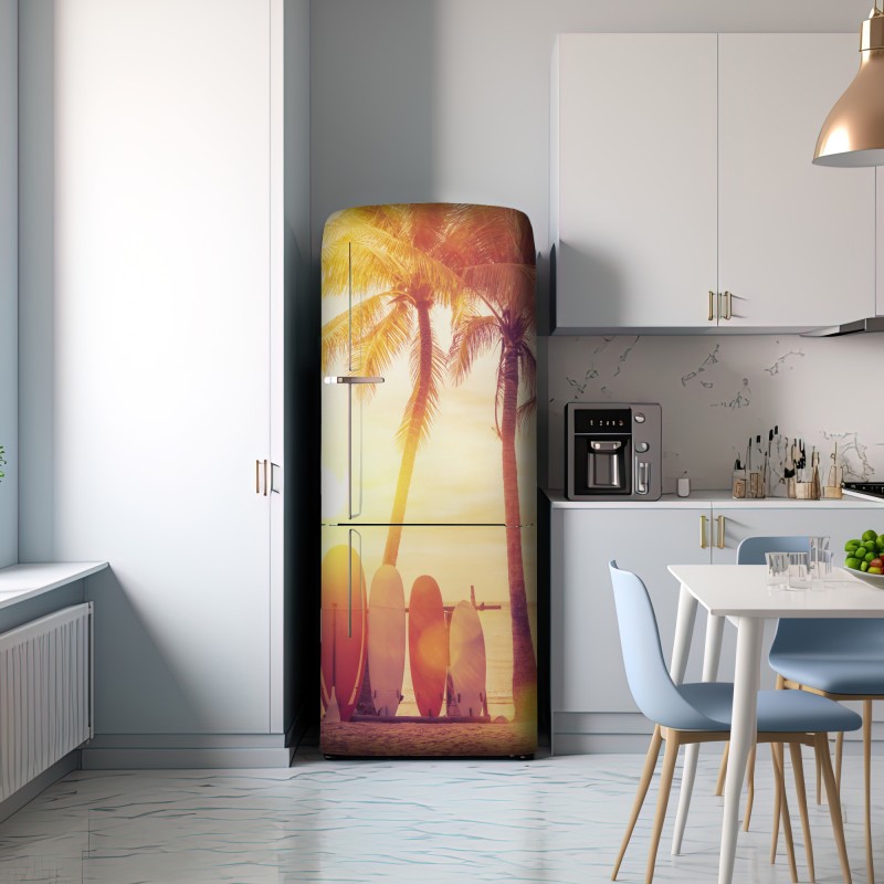 Naklejka na lodówkę tropikalny zachód słońca z deskami surfingowymi – Wallissimo® Naklejka na lodówkę tropikalny zachód słońca z deskami surfingowymi – Wallissimo®