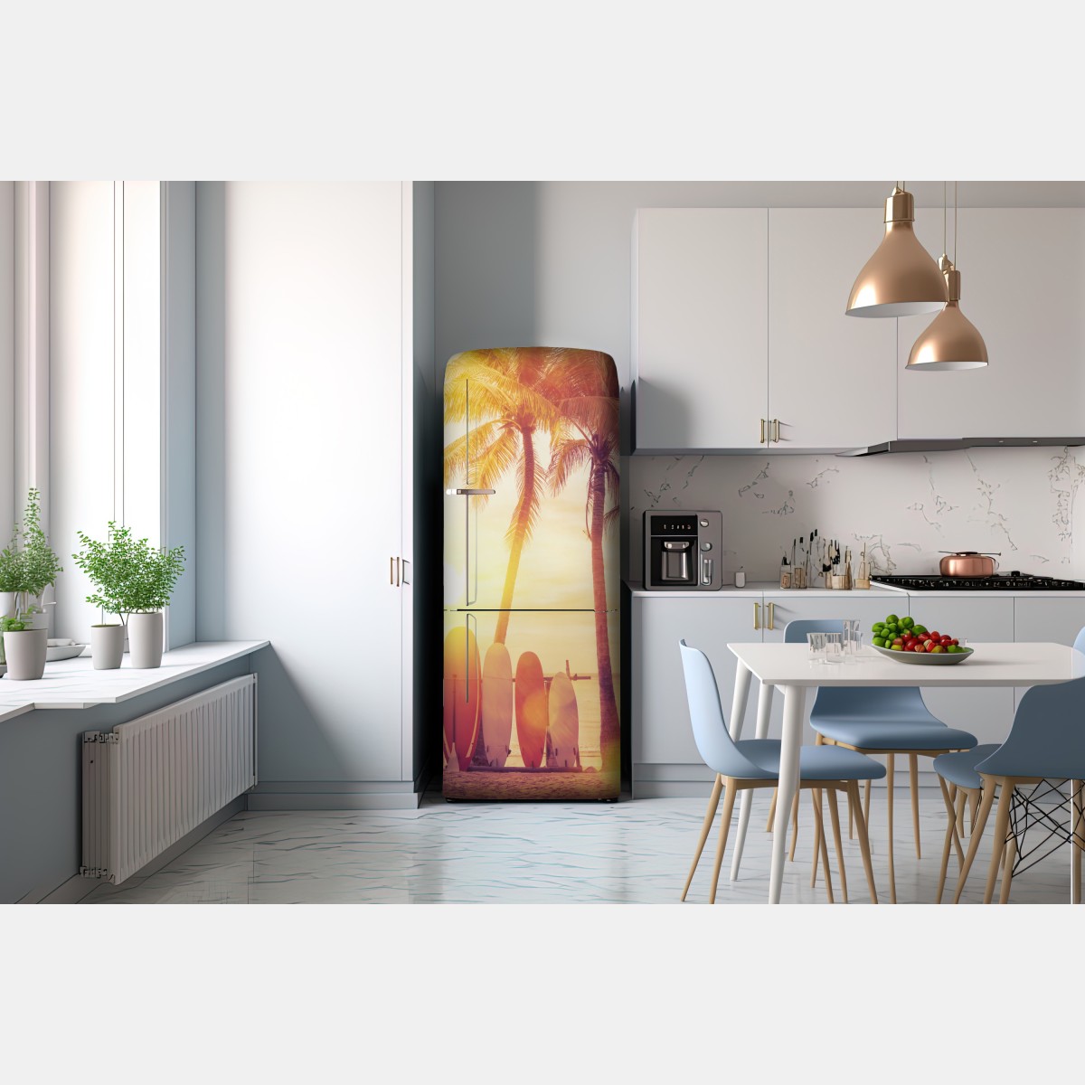 Naklejka na lodówkę tropikalny zachód słońca z deskami surfingowymi – Wallissimo® Naklejka na lodówkę tropikalny zachód słońca z deskami surfingowymi – Wallissimo®