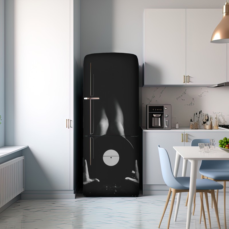 Naklejka na lodówkę płyta winylowa i nogi w kabaretkach – Wallissimo® Naklejka na lodówkę płyta winylowa i nogi w kabaretkach – Wallissimo®