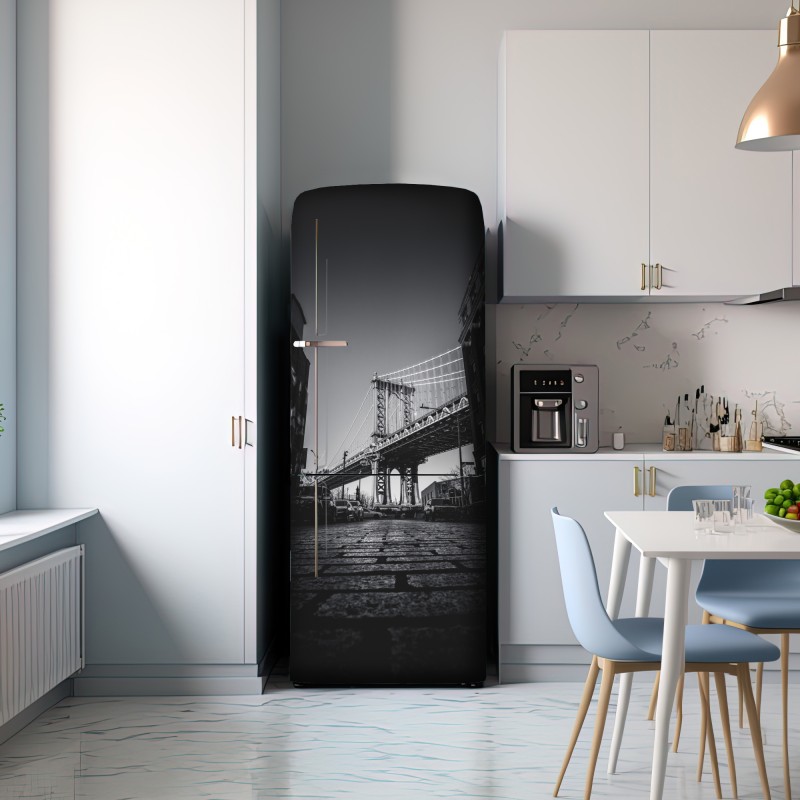 Naklejka na lodówkę most na Manhattanie z perspektywy brukowanej ulicy – Wallissimo® Naklejka na lodówkę most na Manhattanie z perspektywy brukowanej ulicy – Wallissimo®