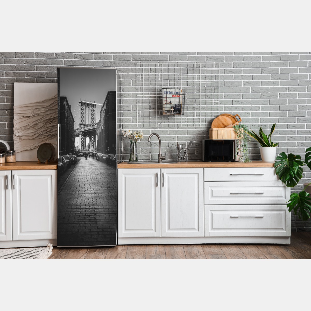 Naklejka na lodówkę most Manhattan w kadrze brukowanej ulicy – Wallissimo® Naklejka na lodówkę most Manhattan w kadrze brukowanej ulicy – Wallissimo®