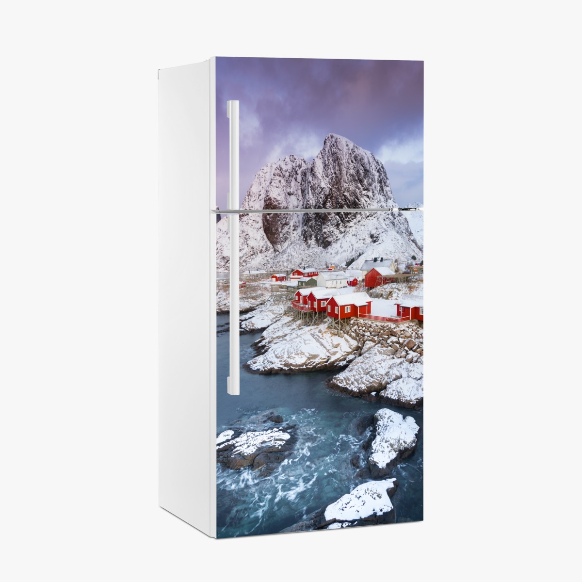 Fridge sticker red coastal cabins beneath snowy mountain – Wallissimo®