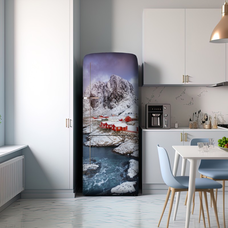 Naklejka na lodówkę czerwone domki nad zaśnieżoną górą – Wallissimo® Naklejka na lodówkę czerwone domki nad zaśnieżoną górą – Wallissimo®