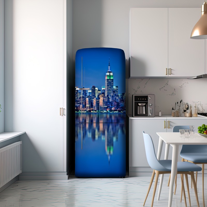 Naklejka na lodówkę Nowy Jork nocna panorama z odbiciem – Wallissimo® Naklejka na lodówkę Nowy Jork nocna panorama z odbiciem – Wallissimo®