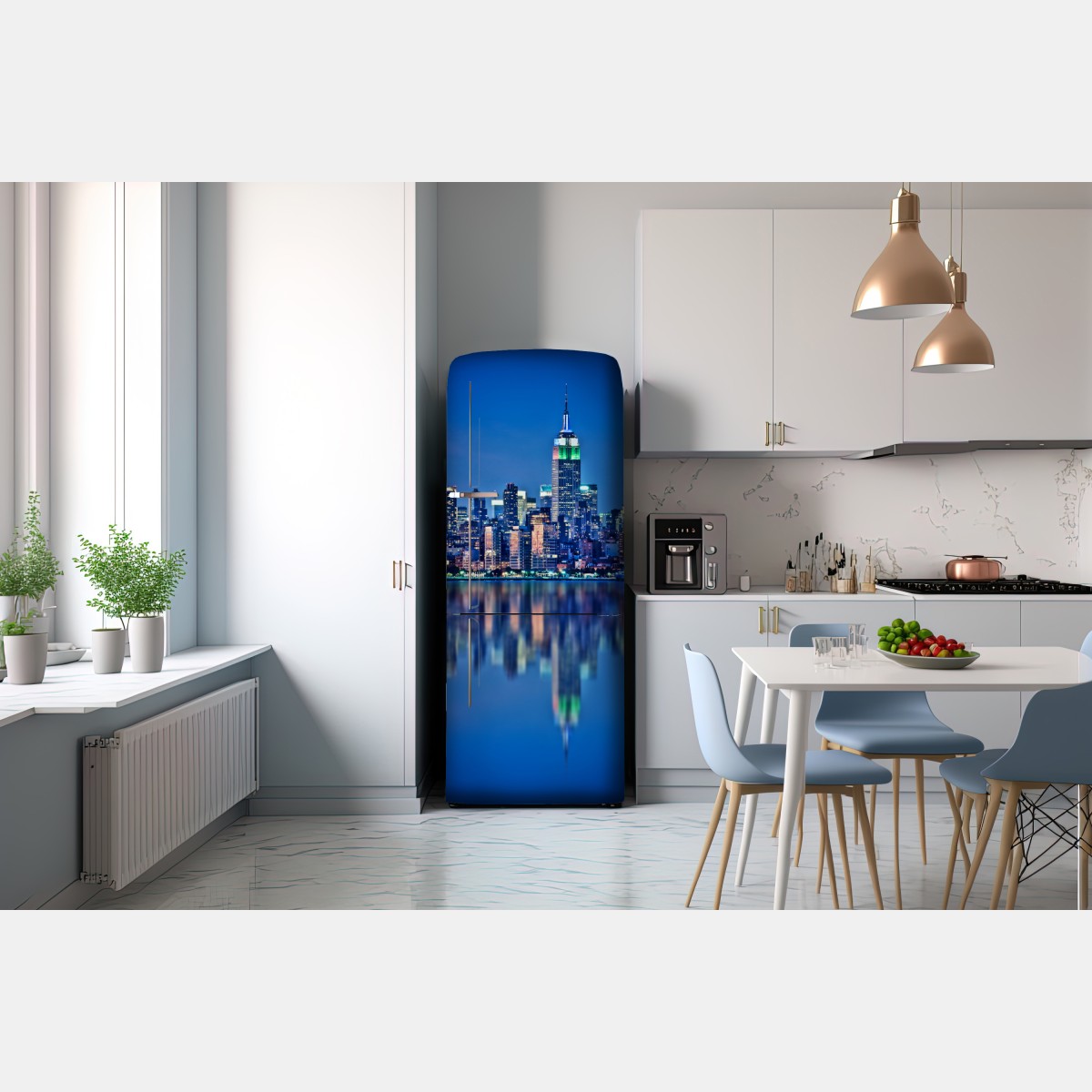 Naklejka na lodówkę Nowy Jork nocna panorama z odbiciem – Wallissimo® Naklejka na lodówkę Nowy Jork nocna panorama z odbiciem – Wallissimo®