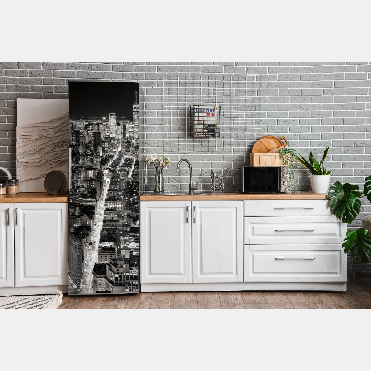 Naklejka na lodówkę monochromatyczna panorama miasta nocą – Wallissimo® Naklejka na lodówkę monochromatyczna panorama miasta nocą – Wallissimo®