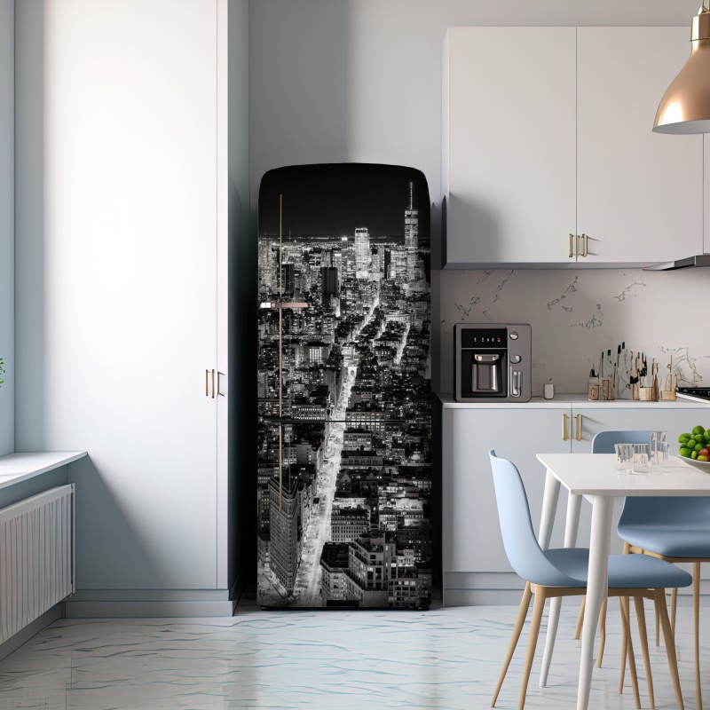 Naklejka na lodówkę monochromatyczna panorama miasta nocą – Wallissimo® Naklejka na lodówkę monochromatyczna panorama miasta nocą – Wallissimo®