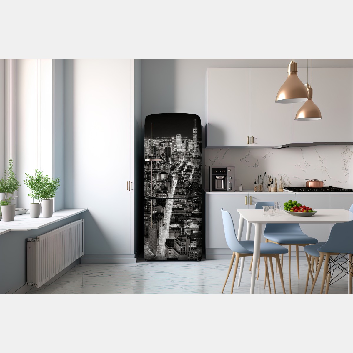 Naklejka na lodówkę monochromatyczna panorama miasta nocą – Wallissimo® Naklejka na lodówkę monochromatyczna panorama miasta nocą – Wallissimo®