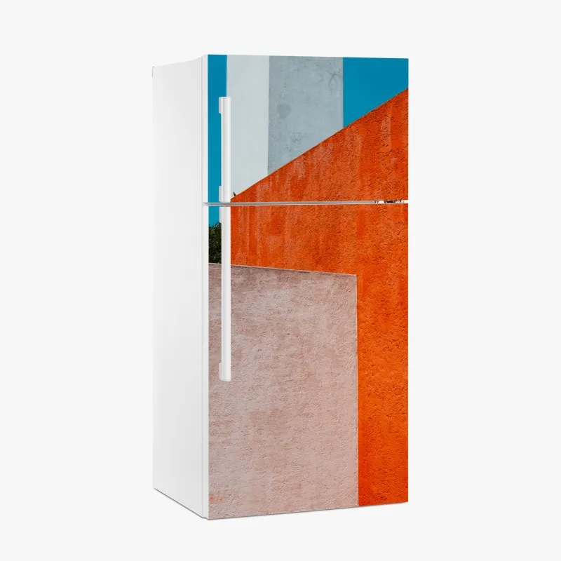 Naklejka na lodówkę odważna geometryczna elewacja w pomarańczy i turkusie