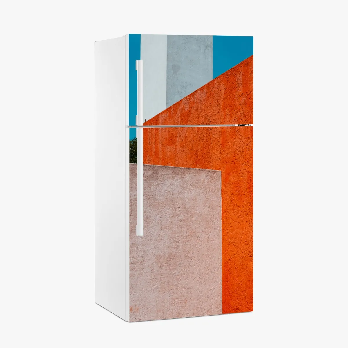 Naklejka na lodówkę odważna geometryczna elewacja w pomarańczy i turkusie – Wallissimo® Naklejka na lodówkę odważna geometryczna elewacja w pomarańczy i turkusie – Wallissimo®