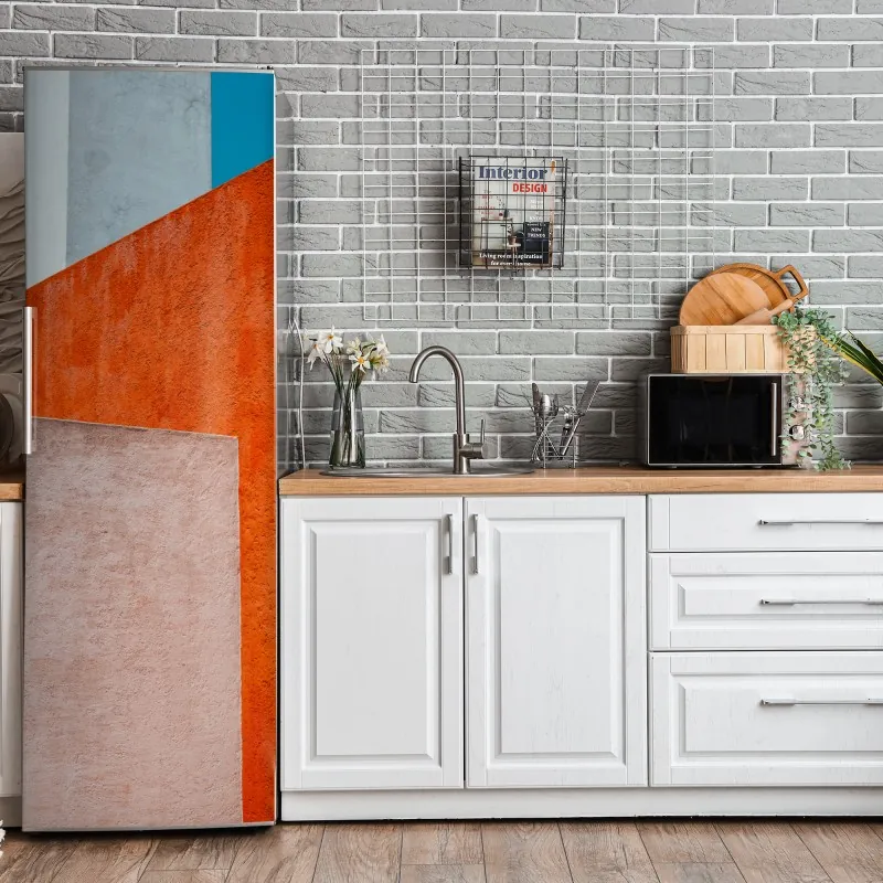 Naklejka na lodówkę odważna geometryczna elewacja w pomarańczy i turkusie – Wallissimo® Naklejka na lodówkę odważna geometryczna elewacja w pomarańczy i turkusie – Wallissimo®