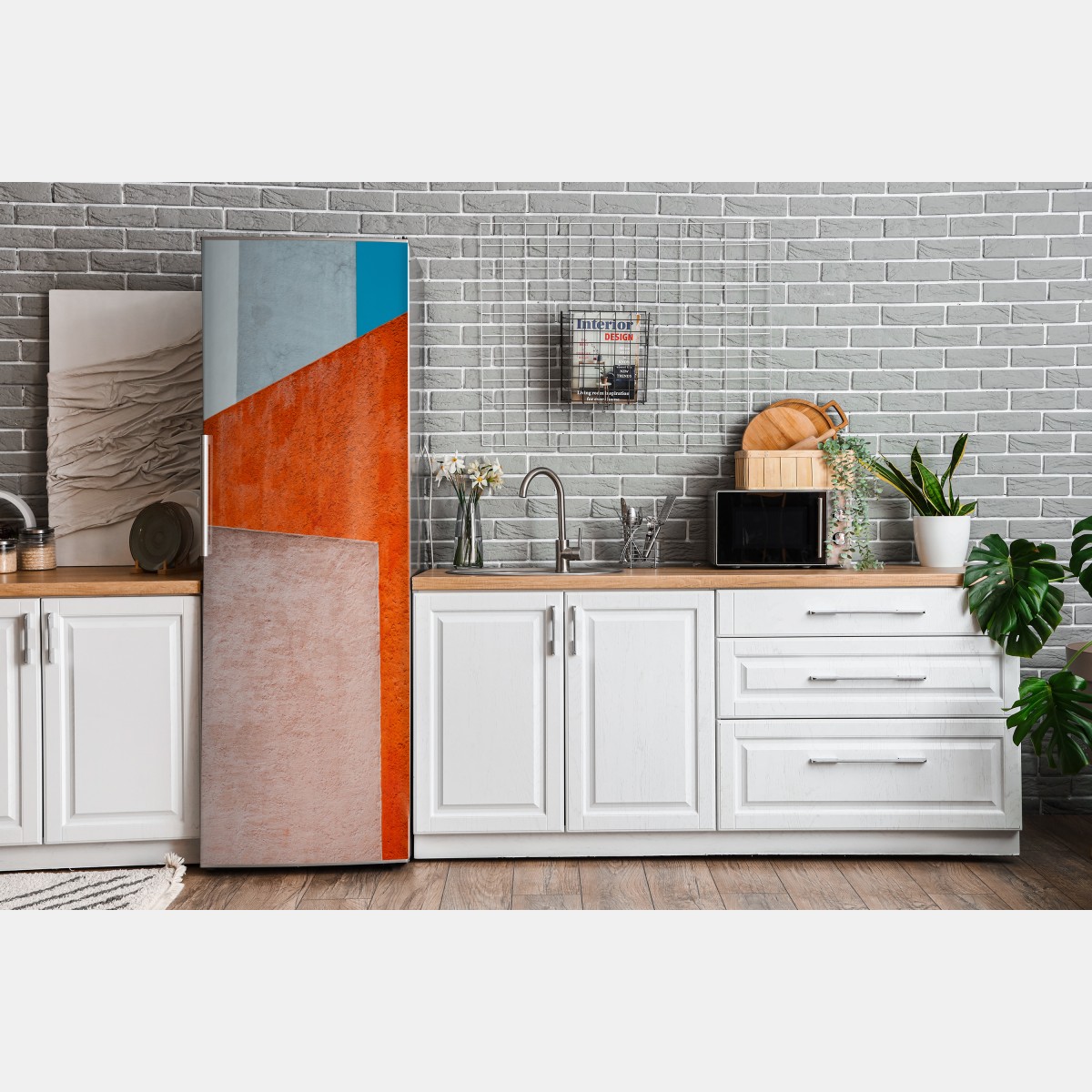 Naklejka na lodówkę odważna geometryczna elewacja w pomarańczy i turkusie – Wallissimo® Naklejka na lodówkę odważna geometryczna elewacja w pomarańczy i turkusie – Wallissimo®