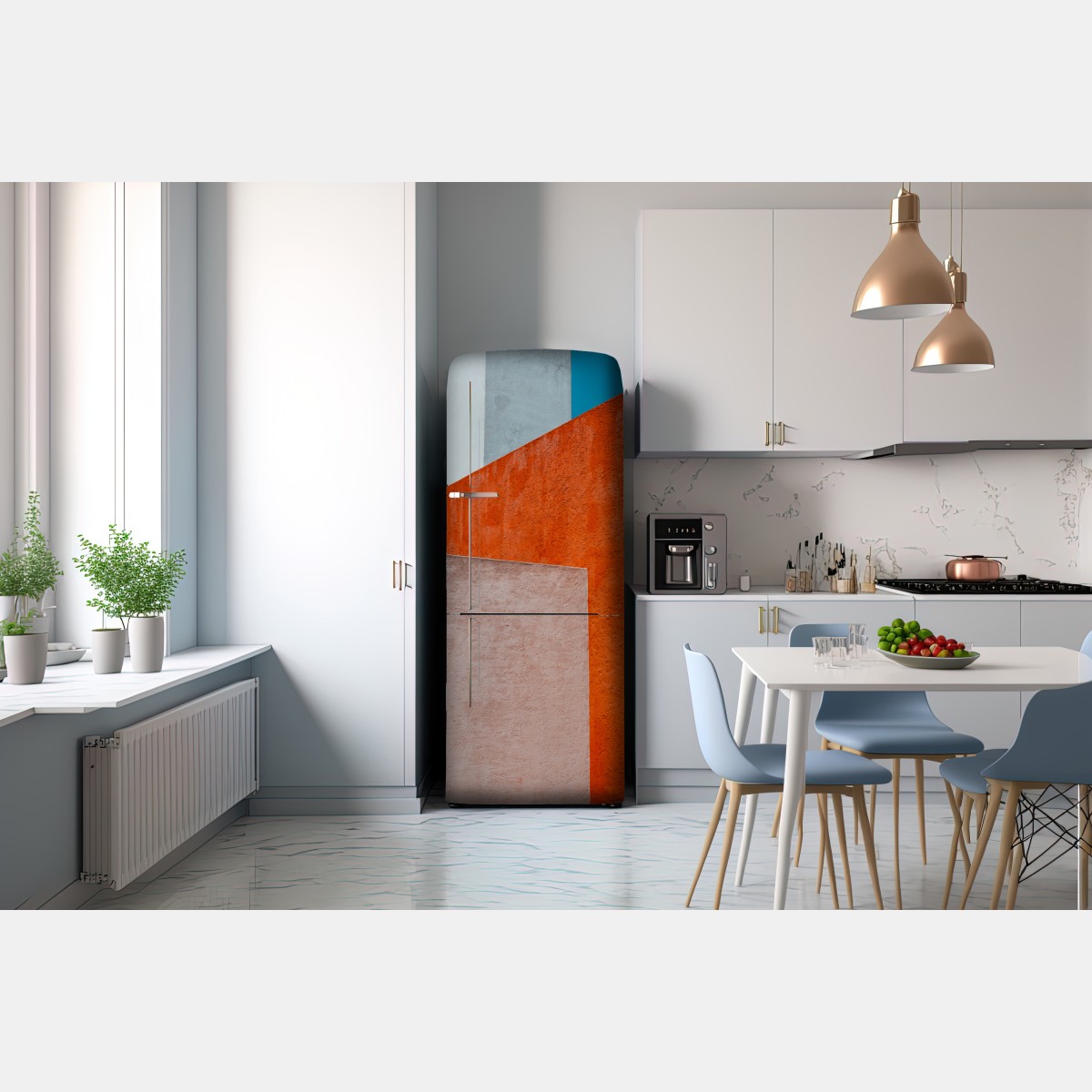 Naklejka na lodówkę odważna geometryczna elewacja w pomarańczy i turkusie – Wallissimo® Naklejka na lodówkę odważna geometryczna elewacja w pomarańczy i turkusie – Wallissimo®