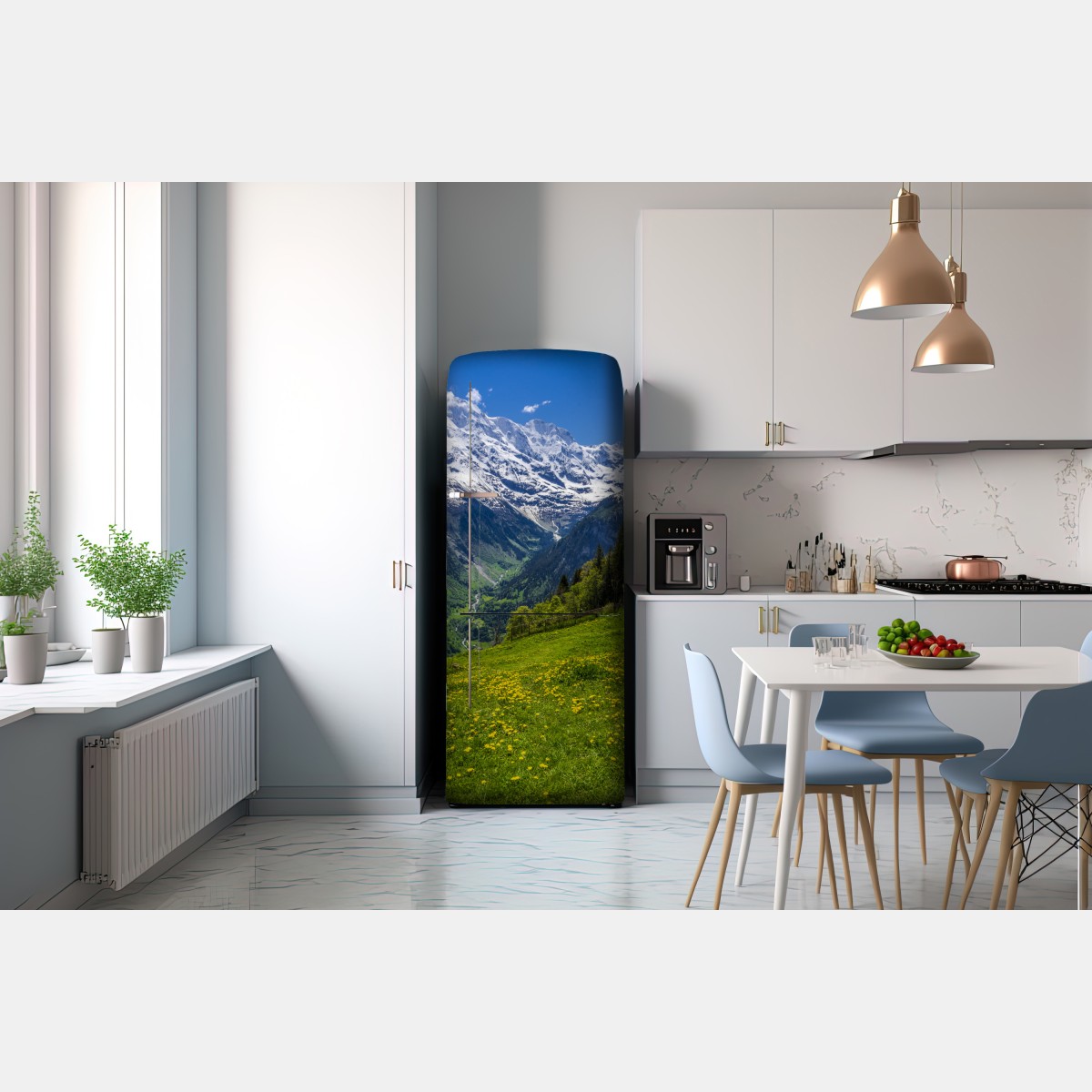 Naklejka na lodówkę alpejska łąka wiosną pod ośnieżonymi szczytami – Wallissimo® Naklejka na lodówkę alpejska łąka wiosną pod ośnieżonymi szczytami – Wallissimo®