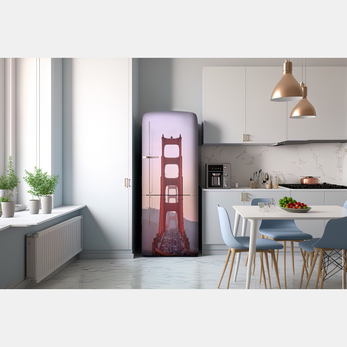 Naklejka na lodówkę Golden Gate o pastelowym zachodzie słońca – Wallissimo® Naklejka na lodówkę Golden Gate o pastelowym zachodzie słońca – Wallissimo®