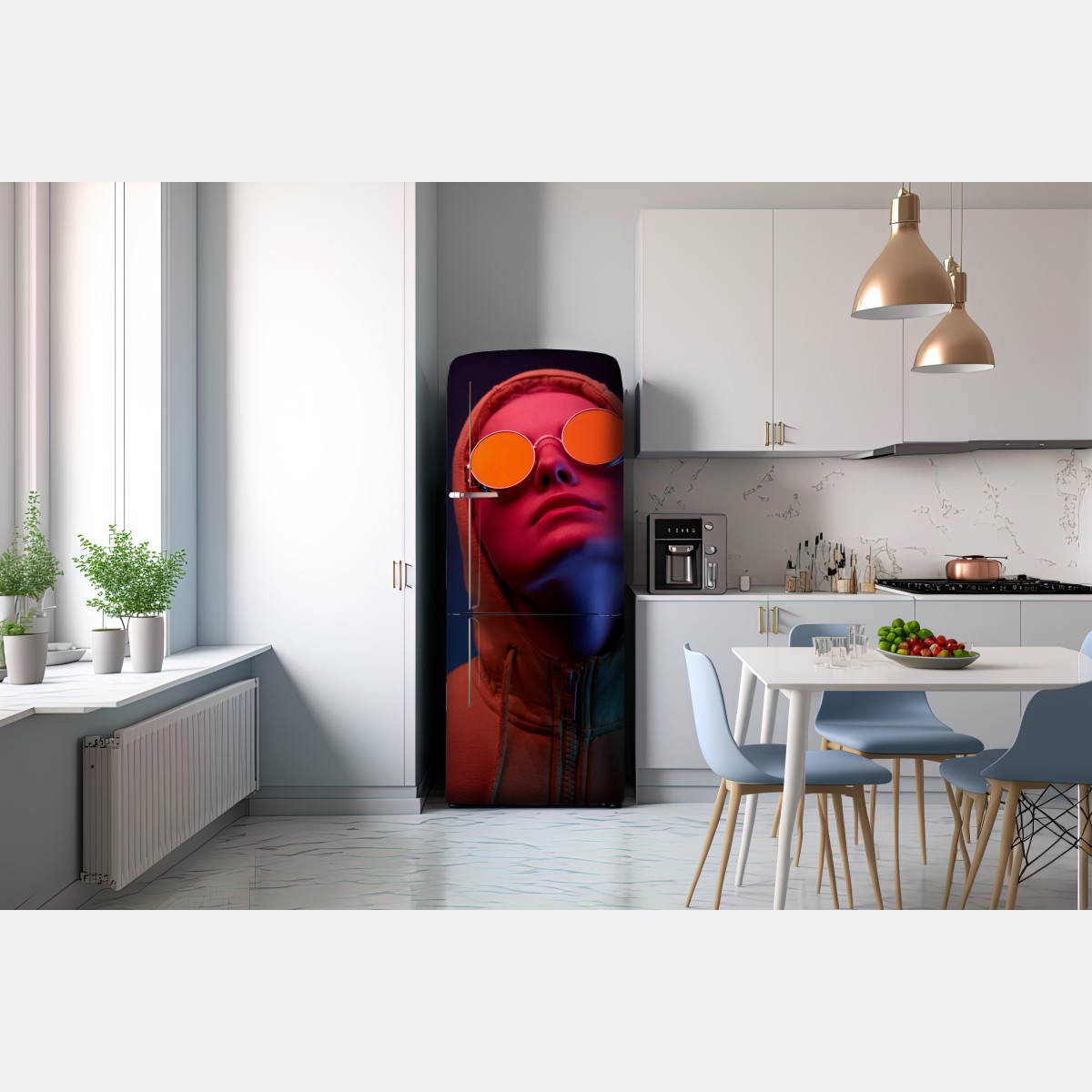 Naklejka na lodówkę neonowy portret w okrągłych okularach – Wallissimo® Naklejka na lodówkę neonowy portret w okrągłych okularach – Wallissimo®