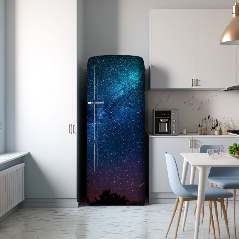 Naklejka na lodówkę głębokie błękitne nocne niebo z drogą mleczną i spadającą gwiazdą – Wallissimo® Naklejka na lodówkę głębokie błękitne nocne niebo z drogą mleczną i spadającą gwiazdą – Wallissimo®