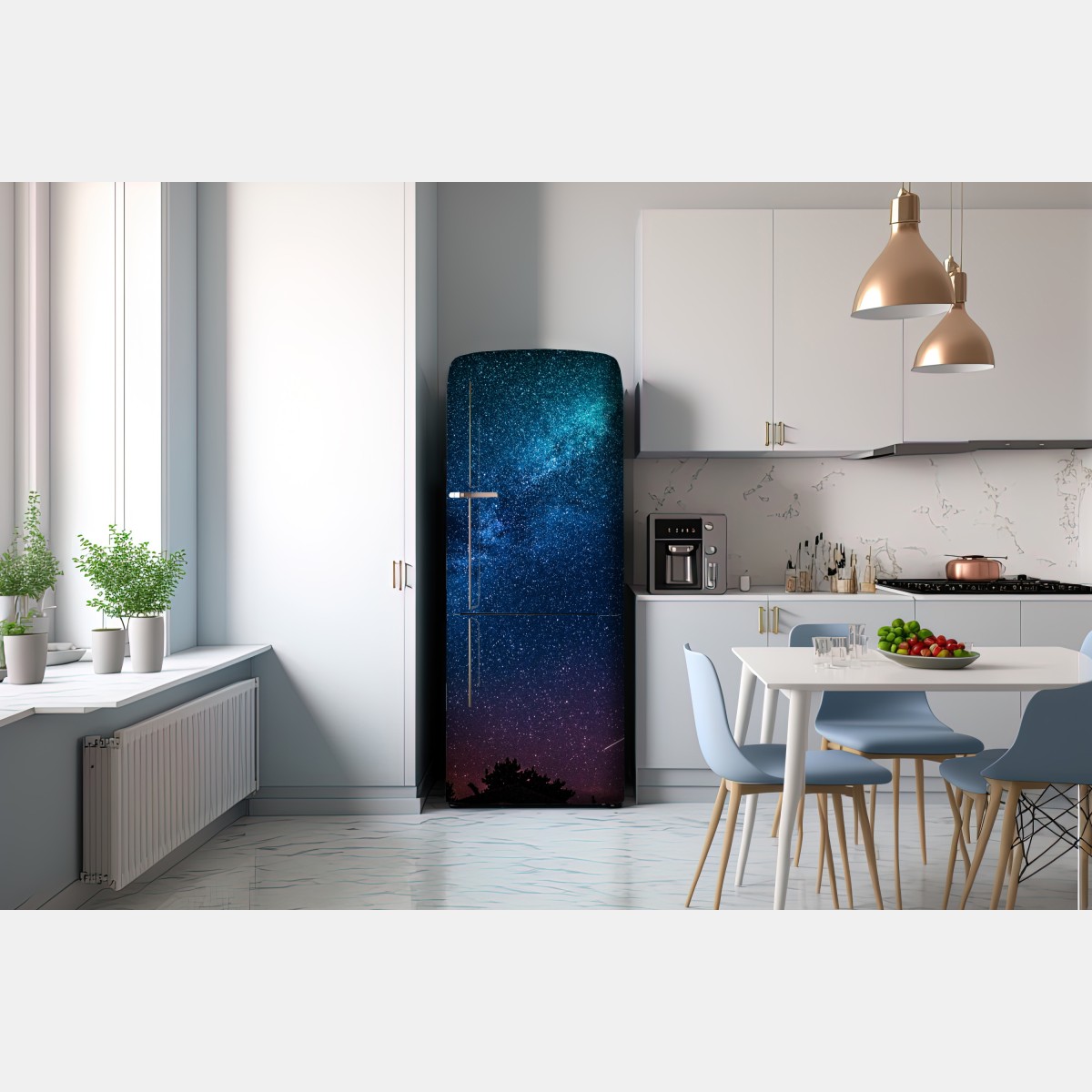 Naklejka na lodówkę głębokie błękitne nocne niebo z drogą mleczną i spadającą gwiazdą – Wallissimo® Naklejka na lodówkę głębokie błękitne nocne niebo z drogą mleczną i spadającą gwiazdą – Wallissimo®
