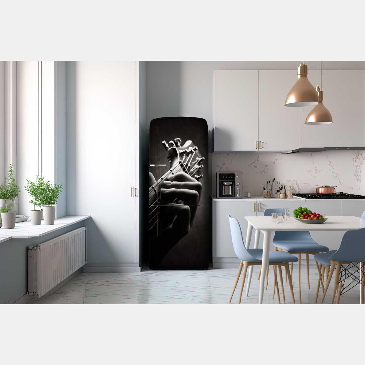 Naklejka na lodówkę zbliżenie dłoni gitarzysty na gryfie – Wallissimo® Naklejka na lodówkę zbliżenie dłoni gitarzysty na gryfie – Wallissimo®