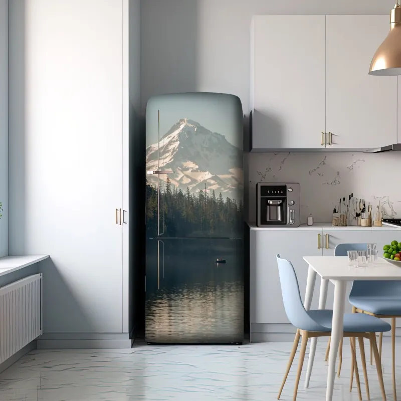 Naklejka na lodówkę śnieżna góra nad spokojnym jeziorem – Wallissimo® Naklejka na lodówkę śnieżna góra nad spokojnym jeziorem – Wallissimo®