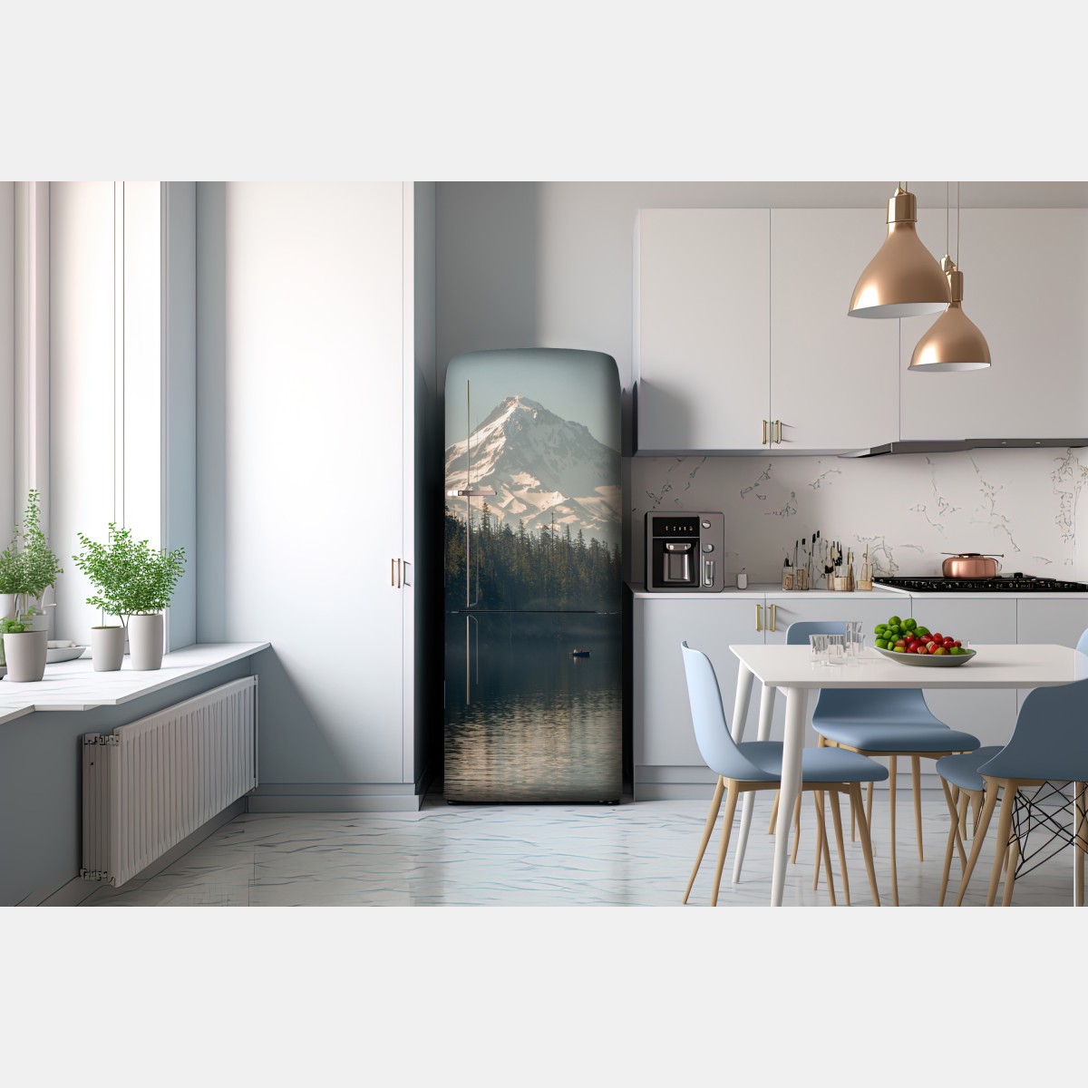 Naklejka na lodówkę śnieżna góra nad spokojnym jeziorem – Wallissimo® Naklejka na lodówkę śnieżna góra nad spokojnym jeziorem – Wallissimo®