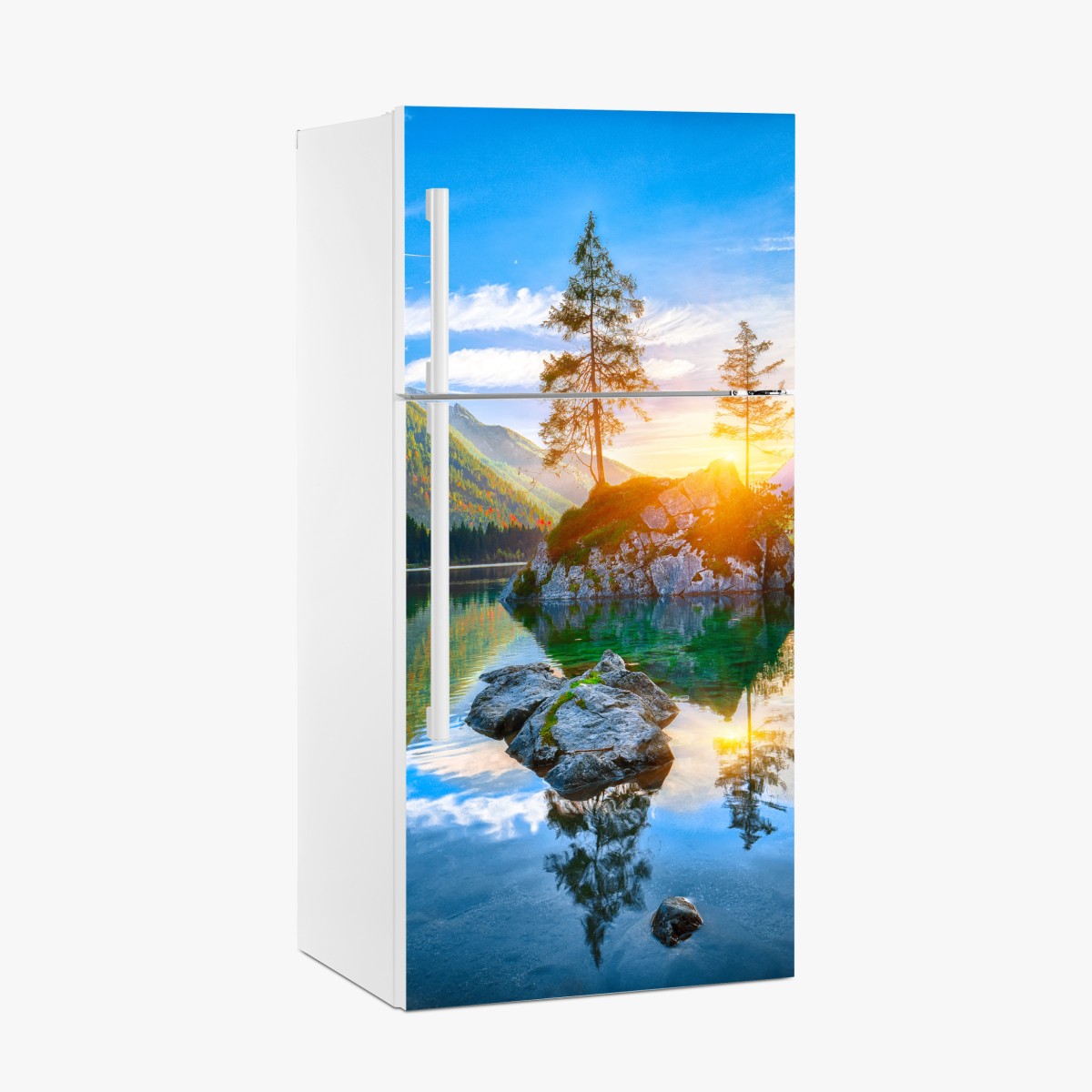 Fridge sticker sunset over Hintersee rock island – Wallissimo®