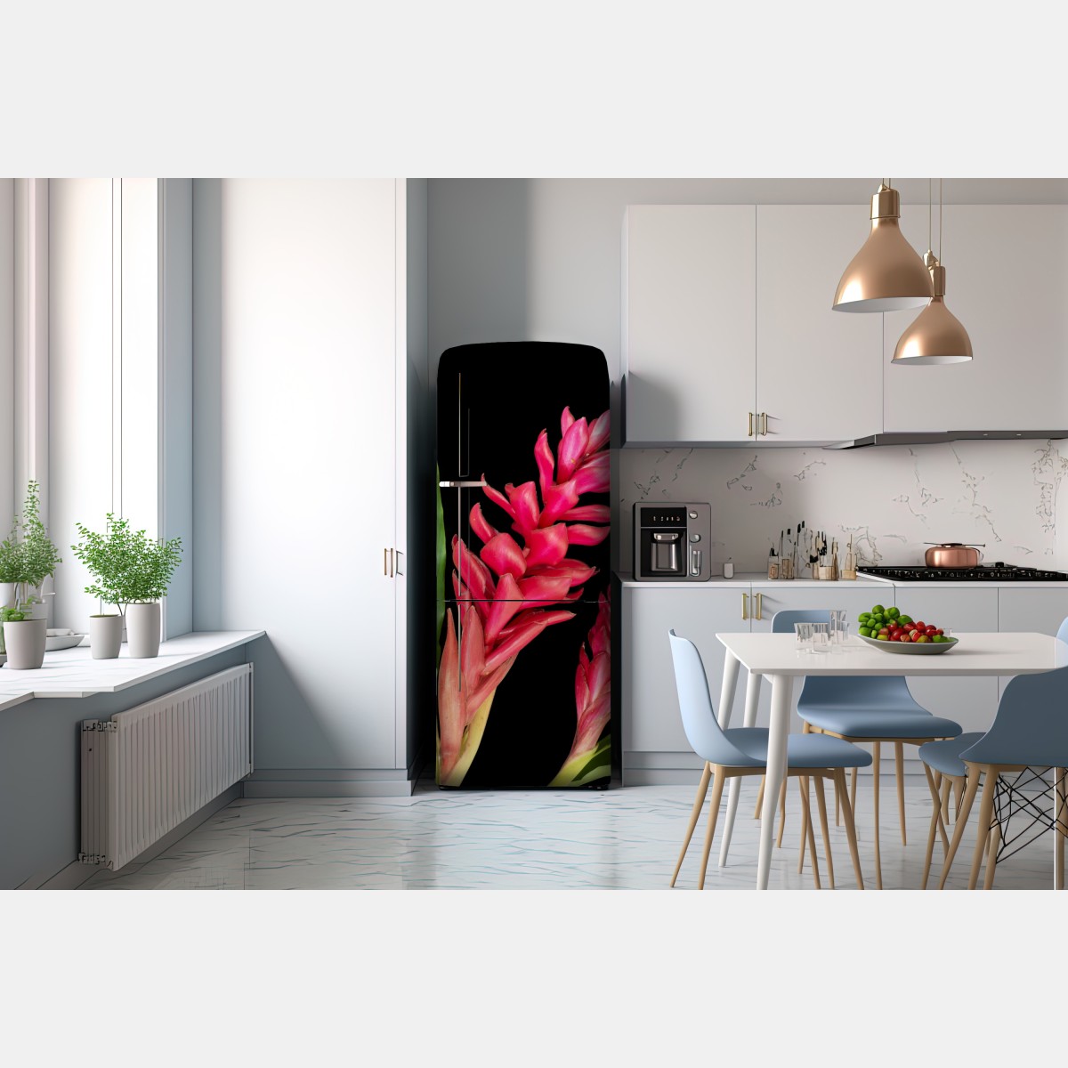 Naklejka na lodówkę żywy kwiat ognia na czarnym tle – Wallissimo® Naklejka na lodówkę żywy kwiat ognia na czarnym tle – Wallissimo®