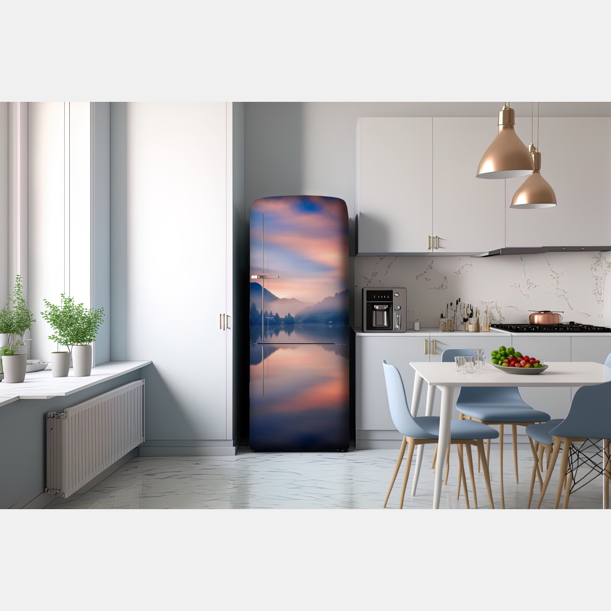 Naklejka na lodówkę mglisty górski poranek nad jeziorem – Wallissimo® Naklejka na lodówkę mglisty górski poranek nad jeziorem – Wallissimo®