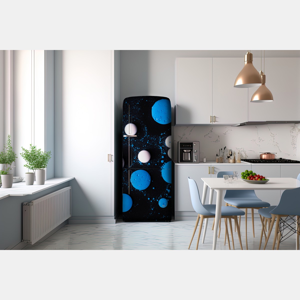 Naklejka na lodówkę niebieski marmurowy wzór płynnej farby – Wallissimo® Naklejka na lodówkę niebieski marmurowy wzór płynnej farby – Wallissimo®