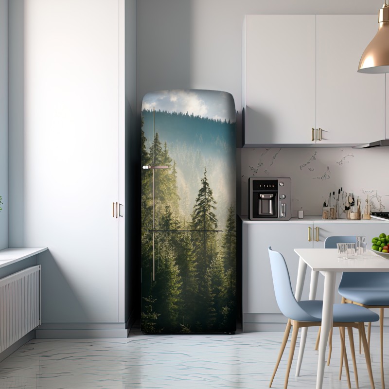 Naklejka na lodówkę mglisty świerkowy las w porannym świetle – Wallissimo® Naklejka na lodówkę mglisty świerkowy las w porannym świetle – Wallissimo®