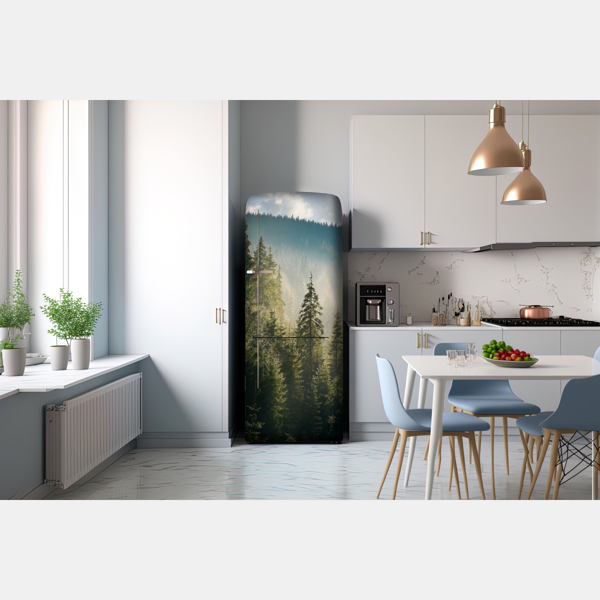 Naklejka na lodówkę mglisty świerkowy las w porannym świetle – Wallissimo® Naklejka na lodówkę mglisty świerkowy las w porannym świetle – Wallissimo®