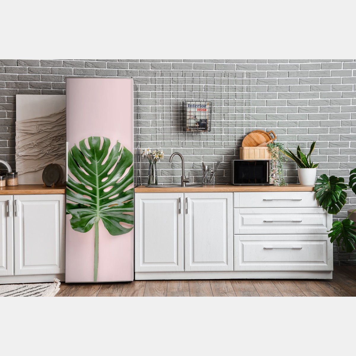 Naklejka na lodówkę liść monstera na pastelowym różowym tle – Wallissimo® Naklejka na lodówkę liść monstera na pastelowym różowym tle – Wallissimo®
