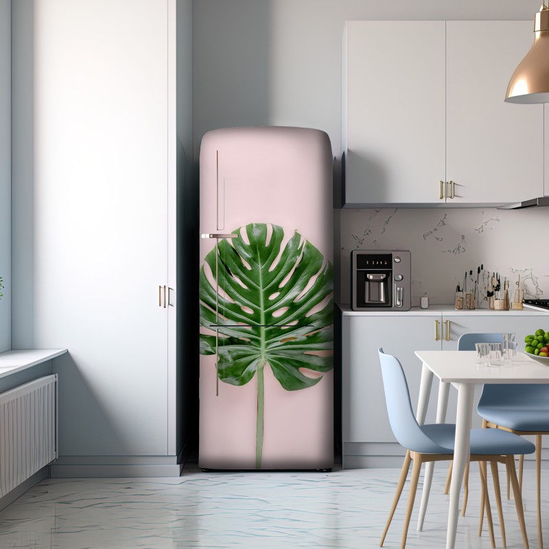 Naklejka na lodówkę liść monstera na pastelowym różowym tle – Wallissimo® Naklejka na lodówkę liść monstera na pastelowym różowym tle – Wallissimo®