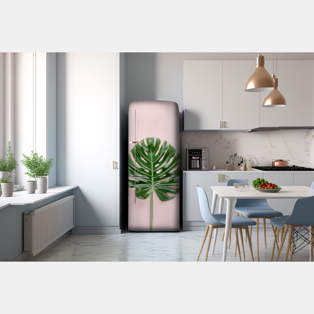 Naklejka na lodówkę liść monstera na pastelowym różowym tle – Wallissimo® Naklejka na lodówkę liść monstera na pastelowym różowym tle – Wallissimo®