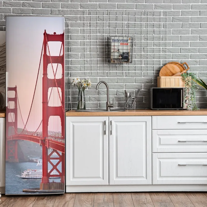 Naklejka na lodówkę akwarelowy wzór z bananami i liśćmi na różowym tle – Wallissimo®