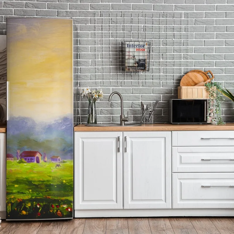 Naklejka na lodówkę turkusowe góry o złotych akcentach – Wallissimo®