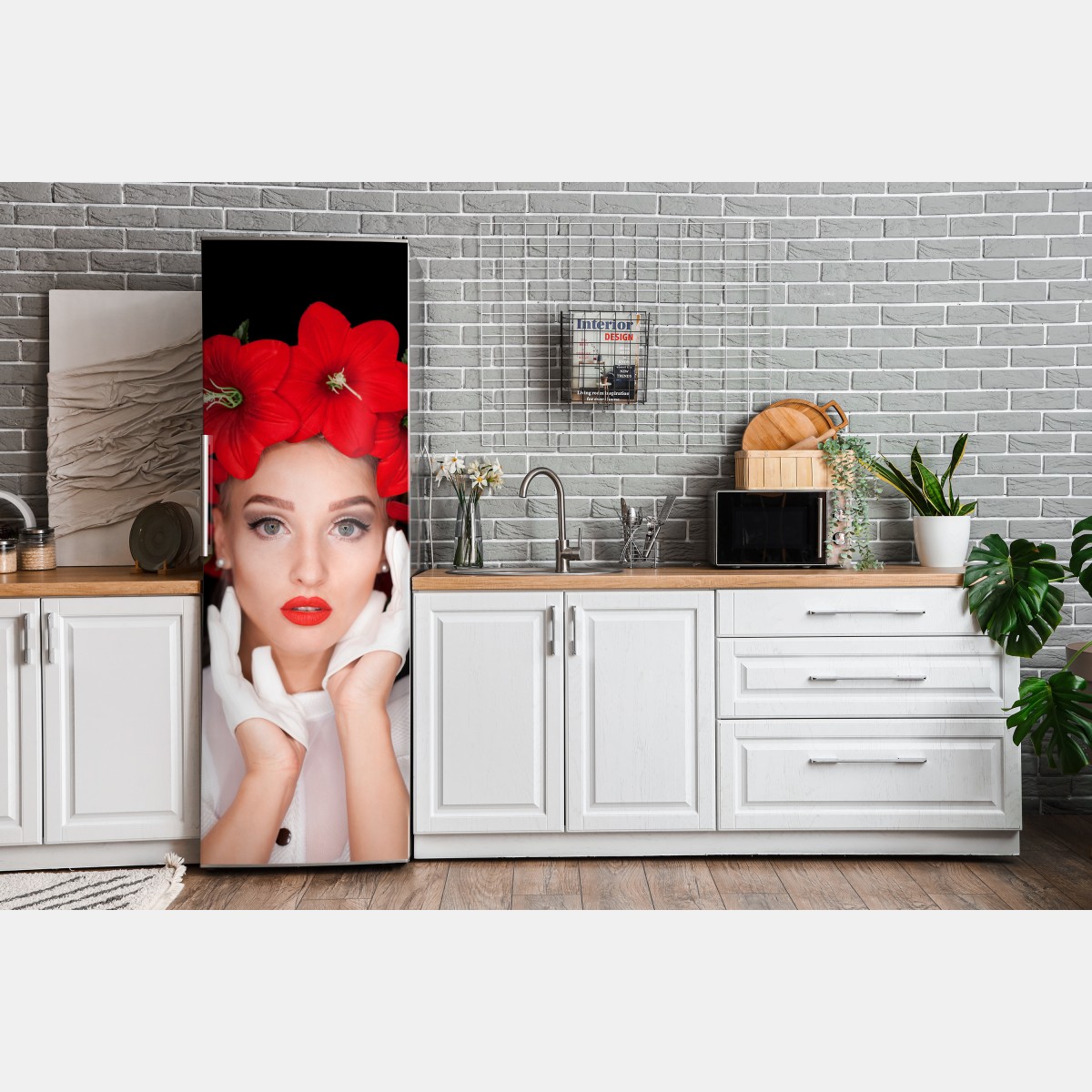 Naklejka na lodówkę elegancki portret z wiankiem z czerwonych kwiatów – Wallissimo® Naklejka na lodówkę elegancki portret z wiankiem z czerwonych kwiatów – Wallissimo®