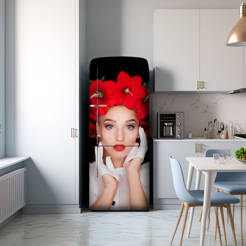 Naklejka na lodówkę elegancki portret z wiankiem z czerwonych kwiatów – Wallissimo® Naklejka na lodówkę elegancki portret z wiankiem z czerwonych kwiatów – Wallissimo®