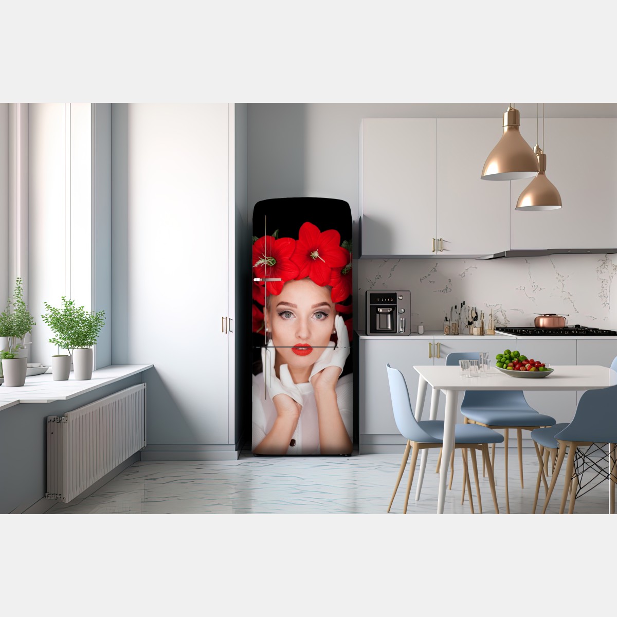 Naklejka na lodówkę elegancki portret z wiankiem z czerwonych kwiatów – Wallissimo® Naklejka na lodówkę elegancki portret z wiankiem z czerwonych kwiatów – Wallissimo®