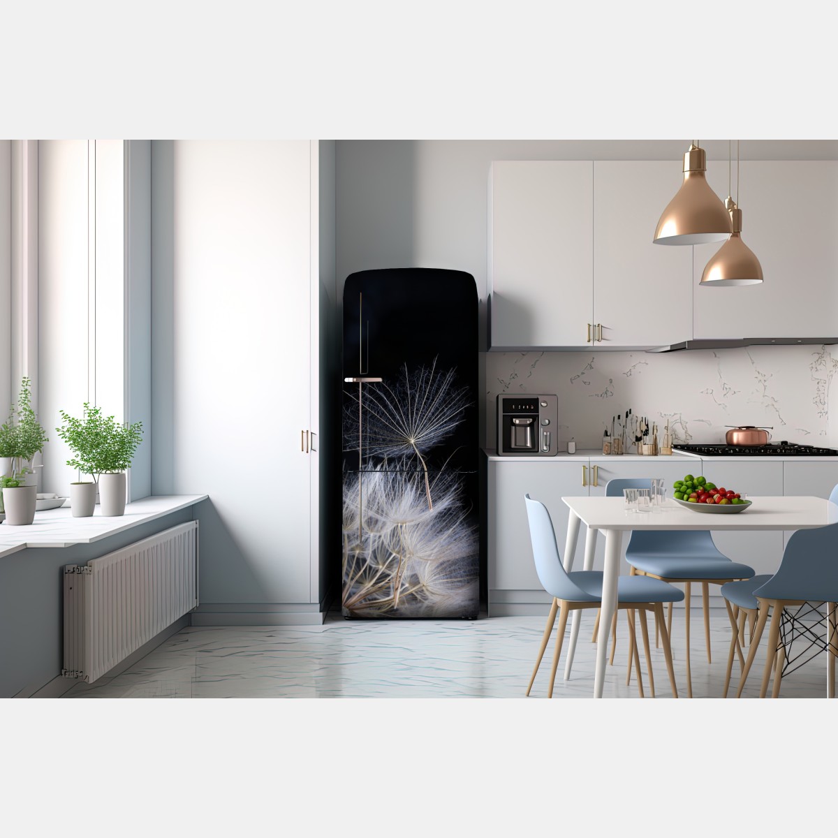 Naklejka na lodówkę delikatne ziarno mniszka na czarnym tle – Wallissimo® Naklejka na lodówkę delikatne ziarno mniszka na czarnym tle – Wallissimo®